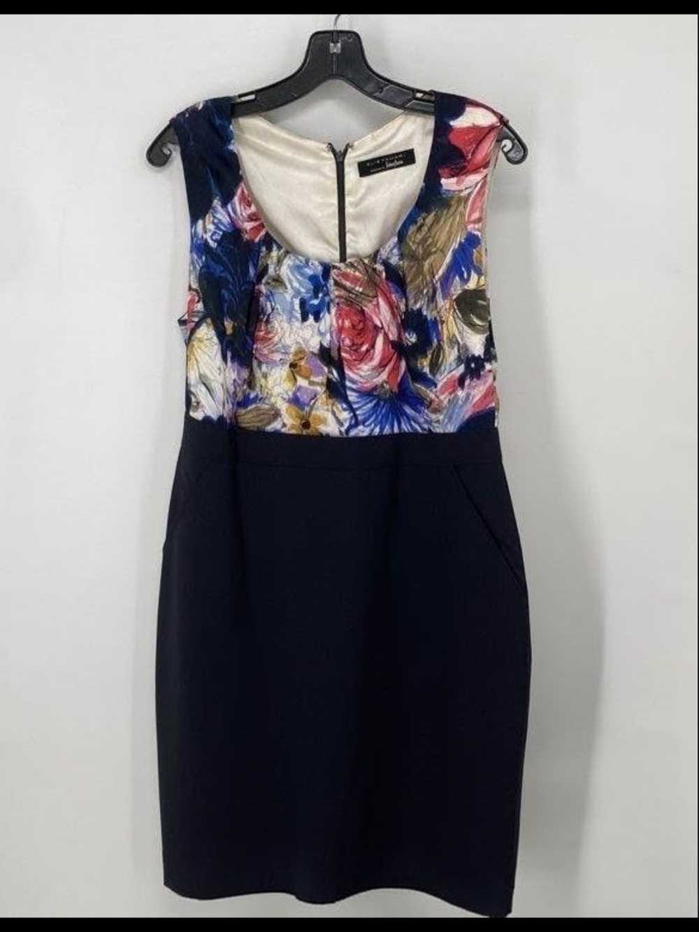 Elie Tahari Navy Sheath Dress with Multicolor Floral Bodice